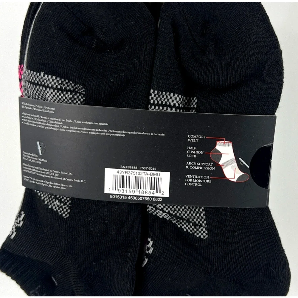 New Spyder Women Visible Tech Half Cushion Low-Cut Socks 5 Pair Black White Gray